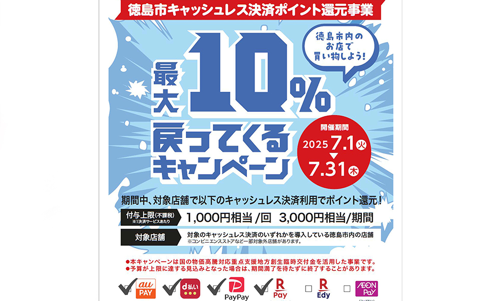 『徳島市ｷｬｯｼｭﾚｽ決済ﾎﾟｲﾝﾄ還元事業』最大10％戻ってくるｷｬﾝﾍﾟｰﾝ